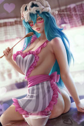 Rule 34 | 1girl, apron, aqua hair, ass, bleach, blurry, breasts, cleavage, dutch angle, facial mark, flour, hair between eyes, heart, holding, holding spoon, large breasts, lips, long hair, looking at viewer, looking back, naked apron, nelliel tu odelschwanck, olchas, parted lips, sitting, skull, solo, spoon, yellow eyes
