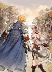 Rule 34 | 1boy, 1girl, animal ears, armor, bare shoulders, black footwear, blonde hair, blue cape, blue eyes, boots, braid, breasts, cape, cat girl, closed mouth, cloud, cloudy sky, collar, day, drill hair, drill sidelocks, fictional persona, final fantasy, final fantasy xiv, flower, flower ornament, from behind, gloves, height difference, highres, holding, holding staff, holding sword, holding weapon, hyur, looking at another, looking down, miqo&#039;te, off shoulder, open mouth, outdoors, paladin (final fantasy), red flower, ricemune723623, rose, shoulder armor, sidelocks, single braid, sky, smile, staff, sword, talking, tree, walking, warrior of light (ff14), weapon, white hair, white mage (final fantasy), wide sleeves