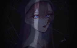 Rule 34 | 1girl, archived source, bad id, bad twitter id, black background, blood, blood on face, blood splatter, blue eyes, dark, hair between eyes, kamato il, looking at viewer, original, portrait, signature, solo