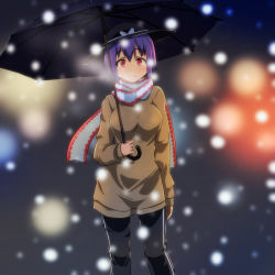 Rule 34 | 1girl, arm at side, black hat, black pants, black umbrella, blurry, blurry background, breath, cato (monocatienus), commentary request, cowboy shot, hat, looking at viewer, nagae iku, pants, pantyhose, purple hair, red eyes, scarf, short hair, smile, snowing, solo, sweater, touhou, umbrella