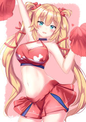 Rule 34 | 1girl, akai haato, arm up, armpits, bare arms, bare shoulders, blonde hair, blue eyes, breasts, cheerleader, choker, cleavage, cowboy shot, crop top, hair ribbon, halterneck, halterneck, hand up, heart, highres, holding, holding pom poms, hololive, large breasts, long hair, looking at viewer, midriff, miniskirt, navel, open mouth, pleated skirt, pom pom (cheerleading), red shirt, red skirt, ribbon, shirt, skirt, sleeveless, sleeveless shirt, smile, solo, stomach, twintails, very long hair, virtual youtuber, yuano