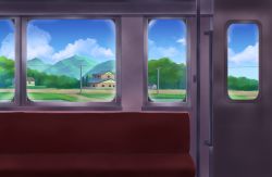 Rule 34 | bad id, bad pixiv id, biako, blue sky, brick wall, cloud, commentary request, day, hedge, highres, house, interior, mountain, no humans, original, power lines, revision, rice paddy, road, rural, scenery, seat, sky, train interior, tree, utility pole, water, window