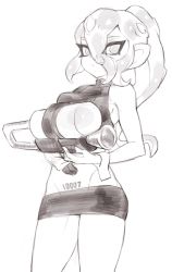 Rule 34 | 1girl, bad id, bad twitter id, bare shoulders, breasts, closed mouth, clothing cutout, eyes visible through hair, greyscale, groin, hair between eyes, highres, holding, jtveemo, large breasts, long hair, microskirt, monochrome, nintendo, number tattoo, octoling, octoling player character, octoshot (splatoon), pencil skirt, ponytail, simple background, single sleeve, skirt, solo, splatoon (series), splatoon 2, standing, tattoo, tentacle hair, thighs, tight clothes, underboob, underboob cutout, white background, wristband