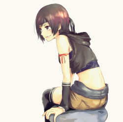 Rule 34 | 1girl, arm support, back, bepi06368631, black hoodie, black shirt, black thighhighs, blush, brown eyes, brown hair, brown shorts, commentary, crop top, cropped hoodie, final fantasy, final fantasy vii, from side, hair strand, headband, highres, hood, hood down, hoodie, looking to the side, red ribbon, ribbon, shirt, short hair, shorts, signature, simple background, sitting, sleeveless, sleeveless hoodie, smile, smirk, solo, thighhighs, white background, yuffie kisaragi