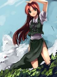 Rule 34 | 1girl, china dress, chinese clothes, dress, embodiment of scarlet devil, female focus, green eyes, hong meiling, long hair, outdoors, red hair, shimadoriru, sky, solo, touhou, very long hair