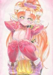 Rule 34 | 1girl, breasts, cleavage, closed mouth, corset, earrings, grandia, grandia ii, green eyes, hair ornament, jewelry, large breasts, long hair, looking at viewer, millenia (grandia), panties, red hair, simple background, smile, solo, thighhighs, underwear, upskirt, zanma