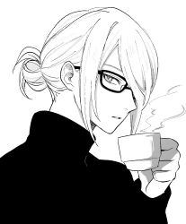 Rule 34 | 1boy, bespectacled, bright pupils, commentary request, contemporary, creatures (company), cup, game freak, glasses, greyscale, hair bun, hair over one eye, hand up, highres, holding, holding cup, long sleeves, looking at viewer, male focus, monochrome, nintendo, parted lips, pokemon, pokemon legends: arceus, punico (punico poke), short hair, simple background, single hair bun, solo, steam, turtleneck, upper body, volo (pokemon), white background