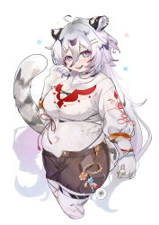 Rule 34 | 1girl, absurdres, ahirudakku, ahoge, animal ear piercing, animal ears, blush, breasts, brown shorts, cleavage, commentary request, cropped legs, earrings, fang, feet out of frame, furry, furry female, grey hair, hannah (mahjong soul), highres, holding, holding mahjong tile, jewelry, large breasts, long bangs, long hair, long sleeves, looking at viewer, mahjong, mahjong soul, mahjong tile, midriff, mouth veil, navel, open fly, open mouth, pink eyes, plump, short shorts, shorts, simple background, smile, solo, tiger ears, tiger girl, veil, very long hair, white background