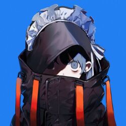 Rule 34 | 1girl, bags under eyes, black coat, blue background, blue eyes, blue hair, coat, covered mouth, earrings, high collar, hood, hood up, jewelry, kurehalxxx, looking at viewer, maid headdress, original, portrait, simple background, solo, twintails