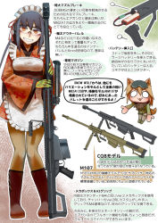 Rule 34 | 2girls, airsoft review illustrated, animal ears, anti-materiel rifle, barret m82a1, barrett firearms manufacturing, barrett m82, barrett m82, bipod, blue hair, brown eyes, chibi, diagram, didloaded, earmuffs, eye protectors, gun, information sheet, japanese text, long gun, multiple girls, muzzle device, original, rifle, safety glasses, scope, sight (weapon), sniper rifle, snow wolf (airsoft company), telescopic sight, text focus, translation request, weapon, weapon focus, weapon profile