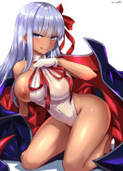 Rule 34 | 1girl, absurdres, bare shoulders, bb (fate), bb (fate) (all), bb (swimsuit mooncancer) (fate), bb (swimsuit mooncancer) (third ascension) (fate), black coat, blush, breasts, closed mouth, coat, covered navel, dark-skinned female, dark skin, fate/grand order, fate (series), gloves, hair ribbon, highres, kneeling, large breasts, leotard, licking lips, long hair, looking at viewer, neck ribbon, nipples, off shoulder, one breast out, open clothes, open coat, popped collar, purple eyes, purple hair, red ribbon, ribbon, sekai saisoku no panda, simple background, smile, solo, tan, thighs, tongue, tongue out, vampire costume, very long hair, white background, white gloves, white leotard