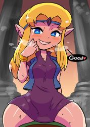Rule 34 | 1girl, blonde hair, blue eyes, blush, blush stickers, breasts, breath, bright pupils, clothed sex, column, cowgirl position, dress, english text, headband, heart, highres, implied sex, long hair, looking at viewer, medium breasts, nintendo, parted bangs, pillar, pointy ears, pov, pov crotch, princess zelda, purple dress, rariatto (ganguri), smile, solo focus, spoken heart, spread legs, straddling, sweat, the legend of zelda, the legend of zelda (cd-i), wristband
