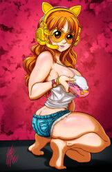 Rule 34 | 1girl, alternate costume, ass, bare shoulders, barefoot, breasts, butt crack, controller, curvy, dimples of venus, earphones, female focus, game controller, glasses, gloves, highres, large breasts, looking at viewer, midriff, nami (one piece), navel, nipples, one piece, orange eyes, orange hair, ornament, shorts, sitting, sleeveless, solo, squatting, tank top, thick thighs, thighs