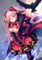 Rule 34 | bad id, bad pixiv id, bird, black gloves, black thighhighs, blue eyes, blush, breasts, cape, chain, cleavage, closed mouth, crown, detached sleeves, dress, floating hair, fur-trimmed cape, fur trim, gloves, hair between eyes, hair ornament, hair ribbon, head tilt, holding, holding stuffed toy, iron saga, juliet sleeves, kyoeiki, layered dress, light particles, long hair, long sleeves, looking at viewer, medium breasts, mini crown, multicolored clothes, neck ribbon, pink hair, puffy sleeves, red eyes, red ribbon, ribbon, sidelocks, slokai (iron saga), smile, solo, striped clothes, striped thighhighs, stuffed animal, stuffed rabbit, stuffed toy, thighhighs, twintails, very long hair, wind, wind lift, yellow ribbon