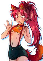 Rule 34 | 10s, 1girl, 2015, animal collar, animal ears, antenna hair, bad id, bad tumblr id, bare shoulders, blush, bow, breasts, collar, cosplay, cowboy shot, creatures (company), crop top, embarrassed, fang, game freak, hair bow, high ponytail, highres, long hair, looking down, mahou shoujo madoka magica, mahou shoujo madoka magica (anime), midriff, misty (pokemon), misty (pokemon) (cosplay), navel, nintendo, no bra, open mouth, outstretched hand, pokemon, pokemon (anime), pokemon (classic anime), ponytail, red eyes, red hair, sakura kyoko, shorts, simple background, sleeveless, small breasts, solo, sparklenaut, strap pull, suspenders, suspenders pull, tail, underboob, watermark, web address, white background, wolf ears, wolf tail