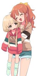 Rule 34 | 2girls, blonde hair, blush, bow, brown hair, closed eyes, collarbone, commentary, denim, denim shorts, drawstring, futaba anzu, hair bow, height difference, highres, hood, hood down, hoodie, hug, hug from behind, idolmaster, idolmaster cinderella girls, lifting person, long hair, long sleeves, low twintails, moroboshi kirari, multiple girls, no shoes, open mouth, oversized clothes, short shorts, shorts, sleeves past fingers, sleeves past wrists, smile, socks, striped clothes, striped legwear, striped socks, sukoyaka (100hituzi), symbol-only commentary, thighs, twintails