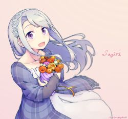 Rule 34 | 1girl, :d, asymmetrical bangs, bouquet, character name, collarbone, dated, dress, flower, grey hair, hairband, highres, holding, holding bouquet, jacket, kantai collection, long hair, looking at viewer, nakaaki masashi, open mouth, pink background, purple eyes, purple jacket, sagiri (kancolle), smile, solo, swept bangs, twitter username, white dress