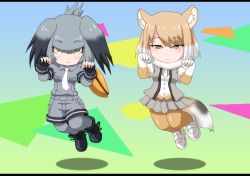 Rule 34 | 10s, 2girls, animal ears, belt, black footwear, black gloves, black hair, blush, bodystocking, breast pocket, buttons, chibi, closed mouth, collared shirt, commentary request, feet up, fingerless gloves, fox ears, fox tail, fur collar, gloves, grey hair, grey legwear, grey shirt, grey shorts, hair between eyes, hands up, hayashiya zankurou, jumping, kemono friends, letterboxed, light brown hair, long hair, looking at viewer, low ponytail, multicolored hair, multiple girls, necktie, no tail, open clothes, open vest, orange hair, pantyhose, paw pose, pocket, shirt, shoebill (kemono friends), short hair, shorts, side ponytail, sidelocks, skirt, tail, tibetan fox (kemono friends), tsurime, two-tone hair, vest, white footwear, white hair, white neckwear, yellow eyes