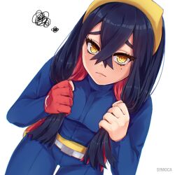 Rule 34 | 1girl, artist name, black hair, blue jacket, blue pants, blueberry academy school uniform, carmine (pokemon), closed mouth, colored inner hair, commentary, creatures (company), crossed bangs, english commentary, eyelashes, game freak, gloves, hair between eyes, hairband, holding, holding own hair, jacket, light frown, long hair, long sleeves, looking at viewer, mole, mole under eye, multicolored hair, nintendo, pants, partially fingerless gloves, pokemon, pokemon sv, red gloves, red hair, school uniform, single glove, solo, symoca, two-tone hair, white background, yellow eyes, yellow hairband