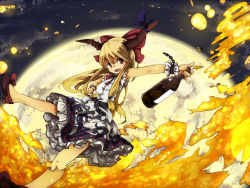 Rule 34 | 1girl, blonde hair, bottle, bow, chain, female focus, fire, holding, horns, ibuki suika, long hair, moon, murani, open mouth, red eyes, smile, solo, touhou, wrist cuffs