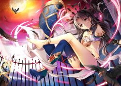 Rule 34 | 1girl, anklet, bare shoulders, bird, black feathers, black panties, blue footwear, boots, breasts, brown hair, choker, cleavage, crossed legs, detached sleeves, fate/grand order, fate (series), feathers, full moon, gyaza, head tilt, high heel boots, high heels, ishtar (fate), jewelry, looking at viewer, midriff, moon, night, outdoors, panties, parted lips, red eyes, small breasts, smile, solo, thigh boots, thighhighs, tohsaka rin, underwear