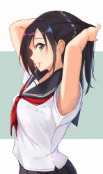 Rule 34 | 1girl, armpit peek, arms up, black hair, blouse, closed mouth, commentary request, from side, green eyes, hair tie, highres, itachi kanade, long hair, mouth hold, neckerchief, original, outside border, pleated skirt, red neckerchief, school uniform, serafuku, shirt, short sleeves, sideways mouth, simple background, skirt, solo, tying hair, uniform, white shirt