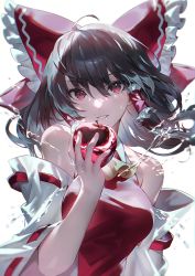Rule 34 | 1girl, ahoge, apple, ascot, bare shoulders, black hair, bow, food, frilled bow, frills, fruit, hair between eyes, hakurei reimu, highres, holding, holding food, holding fruit, japanese clothes, looking at viewer, miko, off shoulder, open mouth, red bow, red eyes, red skirt, simple background, skirt, solo, touhou, u u zan, upper body, watercraft, white background, wide sleeves