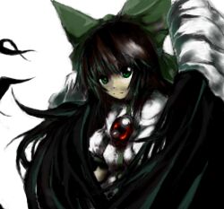 Rule 34 | 1girl, black wings, bow, breasts, brown hair, cape, closed mouth, feathered wings, green bow, green eyes, hair bow, looking at viewer, lowres, medium breasts, oekaki, page (page1555), puffy short sleeves, puffy sleeves, reiuji utsuho, shirt, short sleeves, simple background, solo, third eye on chest, touhou, white background, white cape, white shirt, wings