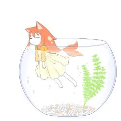 Rule 34 | 1girl, :&lt;, animal ears, barefoot, bubble, cat ears, closed mouth, colored skin, diode (0 division), dress, closed eyes, fins, fish girl, fishbowl, full body, highres, long hair, long sleeves, orange hair, original, partially submerged, shirt, sidelocks, simple background, solo, white background, white skin, yellow dress, yellow shirt