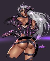 Rule 34 | 1girl, android, armor, ass, bowalia, breasts, dark skin, elbow gloves, floating hair, from behind, gloves, green hair, gun, high heels, highleg, highleg leotard, holding, holding gun, holding weapon, huge ass, large breasts, leotard, lips, long hair, looking back, muscular, muscular female, revealing clothes, shiny skin, smile, t-elos, thighhighs, thong leotard, underboob, very long hair, weapon, wide hips, xenosaga