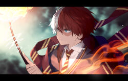 Rule 34 | 1boy, aqua eyes, blurry, blurry background, boku no hero academia, brown eyes, burn scar, closed mouth, collared shirt, commentary request, diagonal-striped clothes, diagonal-striped necktie, fire, gugugunogu, heterochromia, highres, holding, holding wand, letterboxed, male focus, multicolored hair, necktie, red hair, scar, scar on face, shirt, short hair, solo, striped clothes, todoroki shouto, two-tone hair, wand, white hair
