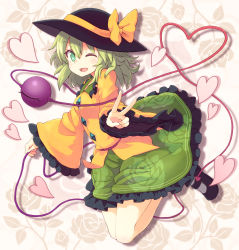 Rule 34 | 1girl, black footwear, black hat, bow, buttons, collared shirt, commentary request, diamond button, eyeball, floral background, floral print, frilled shirt collar, frilled skirt, frilled sleeves, frills, full body, green eyes, green skirt, hat, hat bow, hat ribbon, heart, heart in eye, heart of string, highres, holding, holding string, jumping, komeiji koishi, light blush, light green hair, long sleeves, looking at viewer, mary janes, narira, one eye closed, outstretched arms, ribbon, rose background, rose print, shirt, shoes, short hair, skirt, solo, string, symbol in eye, third eye, touhou, v, wide sleeves, yellow bow, yellow ribbon, yellow shirt