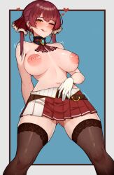 Rule 34 | 1girl, :q, absurdres, arm behind back, ascot, blush, border, breasts, gloves, heart, heterochromia, highres, hololive, houshou marine, large areolae, large breasts, looking at viewer, navel, nipples, one eye closed, red ascot, red eyes, red hair, skirt, solo, spread legs, standing, thighhighs, thighs, tongue, tongue out, topless, twintails, varniskarnis, virtual youtuber, white border, white gloves, zettai ryouiki