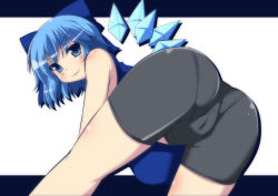 Rule 34 | 1girl, ass, asupina, bike shorts, blue eyes, blue hair, blush, bow, cameltoe, cirno, dress, from behind, hair bow, ice, ice wings, image sample, looking at viewer, looking back, masiromu, matching hair/eyes, naughty face, pants, pantylines, ribbon, short hair, simple background, smile, solo, thumbnail, tight clothes, tight pants, touhou, white background, wings