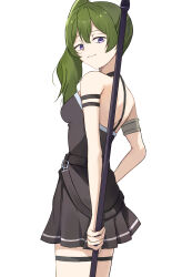 Rule 34 | 1girl, absurdres, arm strap, bare arms, bare back, bare shoulders, belt, black belt, black dress, breasts, commentary request, cowboy shot, dress, goth fashion, green hair, grin, highres, holding, holding staff, long hair, looking at viewer, parted lips, pleated skirt, ponzu pon9, purple eyes, short dress, side ponytail, simple background, skirt, small breasts, smile, solo, sousou no frieren, staff, standing, thigh strap, ubel (sousou no frieren), white background