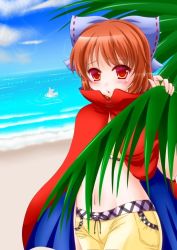 Rule 34 | 1girl, :o, adapted costume, beach, blue sky, blush, bow, cape, cloud, day, hair bow, lens flare, looking at viewer, lowleg, lowleg pants, midriff, navel, nyaw, ocean, open mouth, outdoors, palm tree, pants, red eyes, red hair, sand, sekibanki, short hair, sky, solo focus, standing, touhou, tree, water