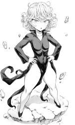 Rule 34 | 1girl, breasts, collarbone, collared dress, curly hair, dress, dress shoes, floating, floating object, full body, groin, hands on own hips, highres, legs apart, long sleeves, looking at viewer, medium breasts, mogudan, monochrome, one-punch man, parted lips, pelvic curtain, petite, small breasts, solo, standing, tatsumaki, telekinesis, thick thighs, thighs