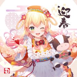 Rule 34 | 1girl, ;d, blonde hair, blush, braid, braided hair rings, breasts, chinese zodiac, cow, flower, gradient hair, green eyes, hair between eyes, hair flower, hair ornament, hair rings, hat, heart, hololive, long hair, looking at viewer, momoshiki tsubaki, momosuzu nene, multicolored hair, new year, one eye closed, open mouth, smile, solo, star (symbol), star hair ornament, translation request, virtual youtuber, year of the ox