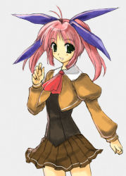 Rule 34 | 00s, 1girl, :d, black shirt, brown skirt, capelet, comic party, cowboy shot, crystal, green eyes, hair ribbon, juliet sleeves, long sleeves, looking at viewer, open mouth, pink hair, pleated skirt, puffy long sleeves, puffy sleeves, ribbon, school uniform, serafuku, shirt, simple background, skirt, smile, solo, standing, tachikawa ikumi, tetsu (kimuchi), twintails, white background