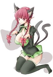 Rule 34 | 1girl, animal ears, bow, braid, breasts, cat ears, cat tail, cleavage, extra ears, jyaoh0731, kaenbyou rin, large breasts, multiple tails, nekomata, paw pose, pointy ears, red eyes, red hair, solo, tail, thighhighs, touhou, twin braids, two tails