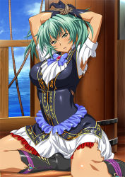Rule 34 | 1girl, arms up, bdsm, blush, bondage, boots, bound, bound wrists, breasts, curvy, dark skin, dark-skinned female, female focus, gloves, green hair, ikkitousen, large breasts, long hair, looking at viewer, pirate ship, rope, ryofu housen, ship, solo, tagme, twintails, watercraft
