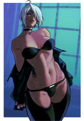 Rule 34 | angel (kof), blue eyes, breasts, chaps, gloves, hair over one eye, highres, jacket, large breasts, leather, leather jacket, panties, the king of fighters, toned, underwear, wallace pires, white hair