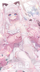 Rule 34 | 1girl, ahoge, animal ears, blue eyes, blush, bouquet, breasts, cardigan, cat ears, cleavage, commission, dress, feet, flower, frills, glasses, grey hair, hair ornament, hair ribbon, heart, heart hair ornament, highres, indoors, jewelry, large breasts, looking at viewer, necklace, no ai logo, no shoes, original, red flower, ribbon, socks, tail, thighhighs, umehara sei, white dress, white hair, white socks, white thighhighs