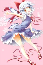Rule 34 | 1girl, blue dress, bow, cirno, dress, grey eyes, hair bow, highres, ice, ice wings, indo (mdtanaka2007), leg ribbon, legs, one eye closed, open mouth, puffy short sleeves, puffy sleeves, ribbon, shirt, short sleeves, silver hair, simple background, smile, solo, touhou, wings