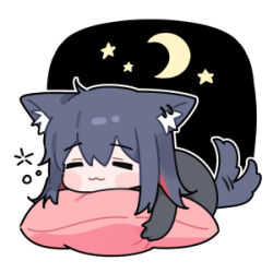 Rule 34 | 1girl, :3, animal ears, arknights, black hair, blush stickers, chibi, closed eyes, crescent moon, ear piercing, huang qing ye, long hair, lowres, moon, piercing, pillow, red hair, sidelocks, simple background, sleeping, solo, tail, tail wagging, texas (arknights), white background, wolf ears, wolf girl, wolf tail