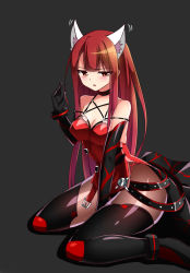 Rule 34 | 1girl, animal ears, bare shoulders, black gloves, black pantyhose, blush, boots, breasts, cat ears, choker, cleavage, crimson avenger (elsword), elbow gloves, elesis (elsword), elsword, expressionless, full body, gloves, grey background, highres, kemonomimi mode, leotard, long hair, looking at viewer, pantyhose, red eyes, red hair, see-through, see-through legwear, sitting, solo, thigh boots, thighhighs, wariza, zetsuei (zetto)