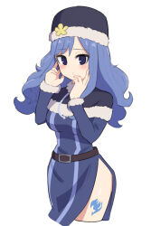 Rule 34 | 1girl, absurdres, belt, black belt, black headwear, blue eyes, blue hair, blush, breasts, capelet, cropped legs, fairy tail, fur-trimmed capelet, fur trim, hands up, highres, juvia lockser, large breasts, leg tattoo, long hair, long sleeves, looking at viewer, nagumo uka, simple background, solo, tattoo, white background