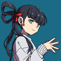 Rule 34 | 1girl, aqua eyes, black hair, blue background, blue eyes, blush, bow, bow earrings, casual, closed mouth, earrings, from side, grey sweater, hair bow, hair over shoulder, hair rings, hands up, jewelry, kagami rin, long hair, long sleeves, looking at viewer, looking to the side, nana 0253, open mouth, red bow, side ponytail, simple background, smile, solo, split ponytail, spread fingers, steepled fingers, sweater, upper body, world trigger