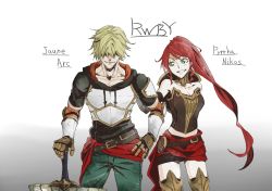 Rule 34 | 1boy, 1girl, absurdres, armor, belt buckle, belt pouch, blonde hair, boots, bracer, breastplate, breasts, buckle, elbow gloves, elbow pads, english text, gloves, gorget, green eyes, hair over eyes, hand on another&#039;s shoulder, highres, hood, hoodie, jaune arc, long hair, miniskirt, pants, ponytail, pouch, pyrrha nikos, red hair, rwby, sash, shield, skirt, smile, sword, thigh boots, thighhighs, tiara, vambraces, weapon
