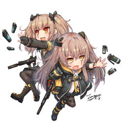 Rule 34 | 2girls, :d, armband, black bow, black footwear, black gloves, black jacket, black skirt, boots, bow, brown eyes, brown hair, brown legwear, chibi, collared shirt, commentary, dated, dress shirt, explosive, fingerless gloves, girls&#039; frontline, gloves, grenade, gun, h&amp;k ump, hair between eyes, hair ornament, holding, holding gun, holding weapon, hood, hood down, hooded jacket, jacket, long hair, looking away, multiple girls, name connection, necktie, object namesake, one side up, open clothes, open jacket, open mouth, outstretched arm, pantyhose, pleated skirt, scar, scar across eye, scar on face, shirt, short sleeves, signature, skirt, smile, tama yu, twintails, ump45 (girls&#039; frontline), ump45 (mod3) (girls&#039; frontline), ump9 (girls&#039; frontline), v-shaped eyebrows, very long hair, weapon, white background, white shirt, yellow eyes, yellow neckwear